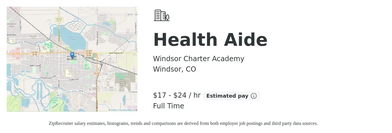 Windsor Charter Academy job posting for a Health Aide in Windsor, CO with a salary of $18 to $25 Hourly with a map of Windsor location.