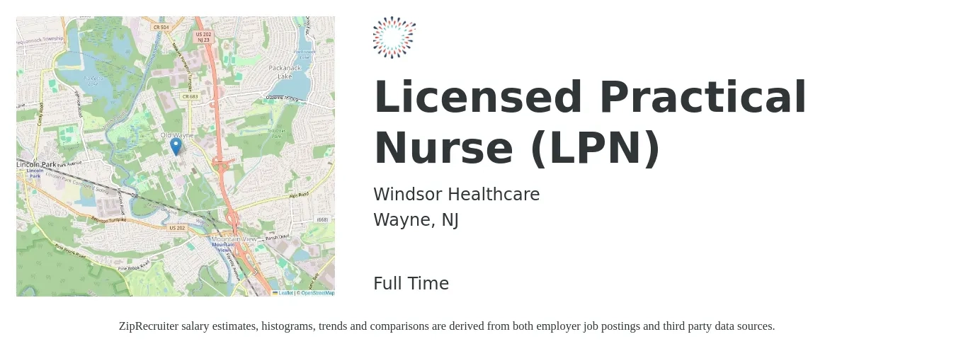 Windsor Healthcare job posting for a Licensed Practical Nurse (LPN) in Wayne, NJ with a salary of $26 to $34 Hourly with a map of Wayne location.