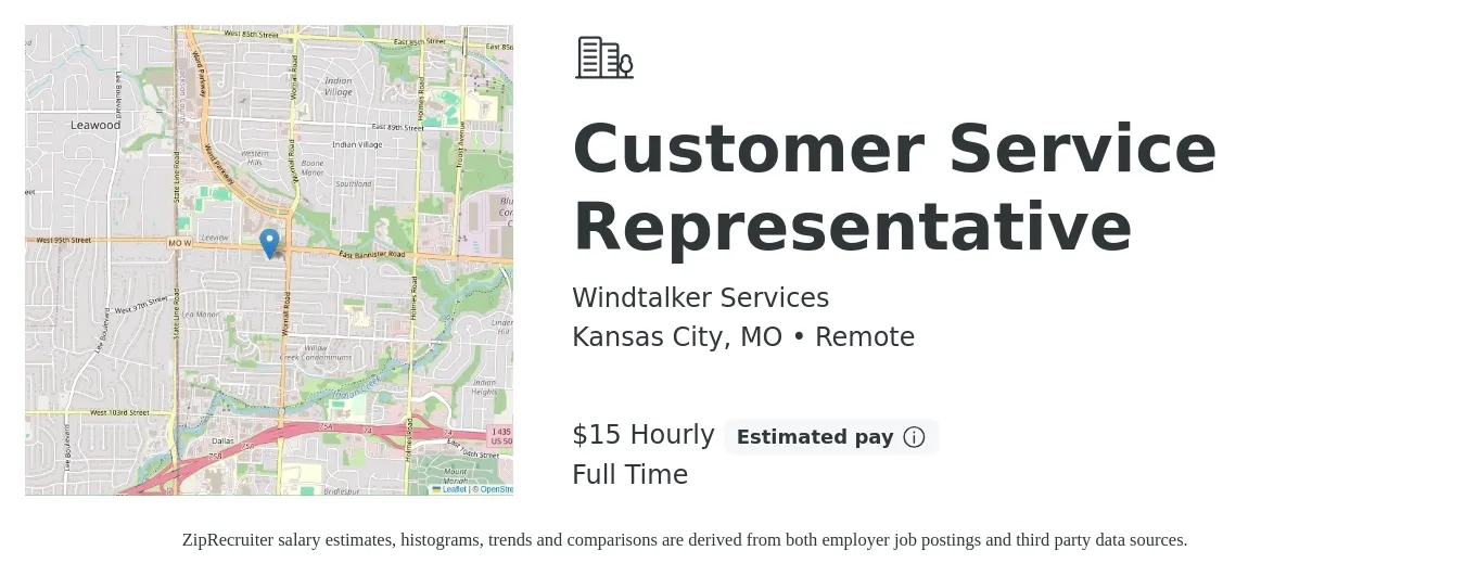 Windtalker Services job posting for a Customer Service Representative in Kansas City, MO with a salary of $16 Hourly with a map of Kansas City location.