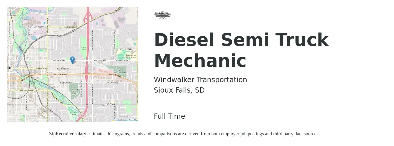 Windwalker Transportation job posting for a Diesel Semi Truck Mechanic in Sioux Falls, SD with a salary of $25 to $33 Hourly with a map of Sioux Falls location.