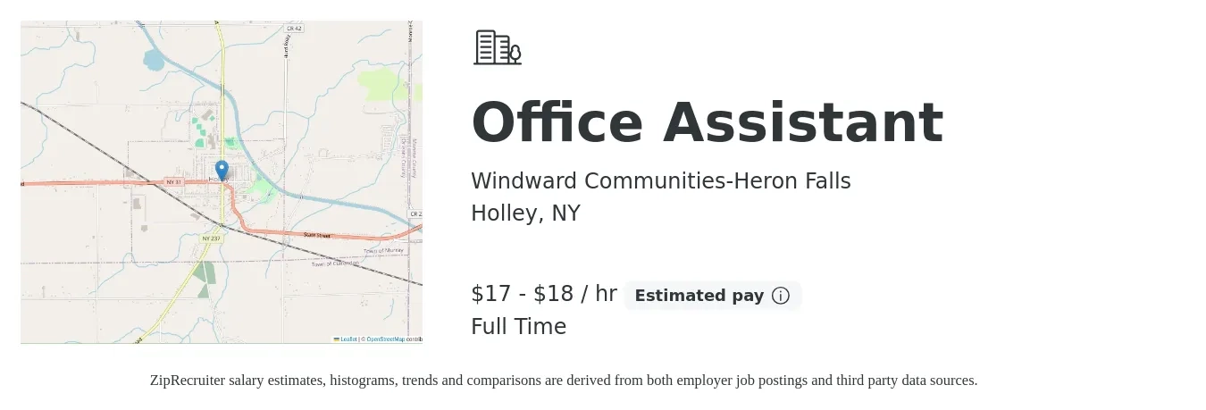Windward Communities-Heron Falls job posting for a Office Assistant in Holley, NY with a salary of $18 to $19 Hourly with a map of Holley location.