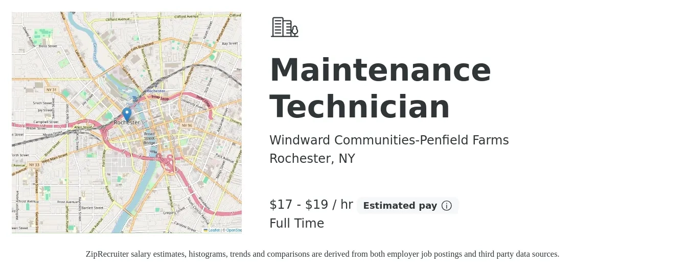 Windward Communities-Penfield Farms job posting for a Maintenance Technician in Rochester, NY with a salary of $18 to $20 Hourly with a map of Rochester location.