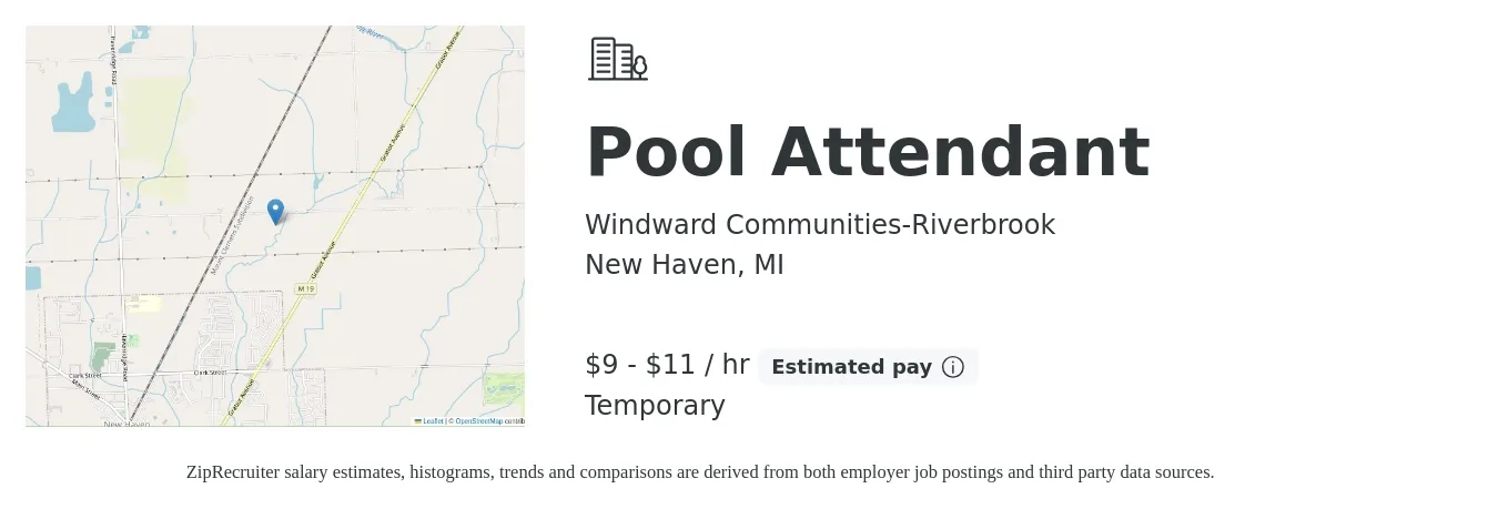 Windward Communities-Riverbrook job posting for a Pool Attendant in New Haven, MI with a salary of $10 to $12 Hourly with a map of New Haven location.
