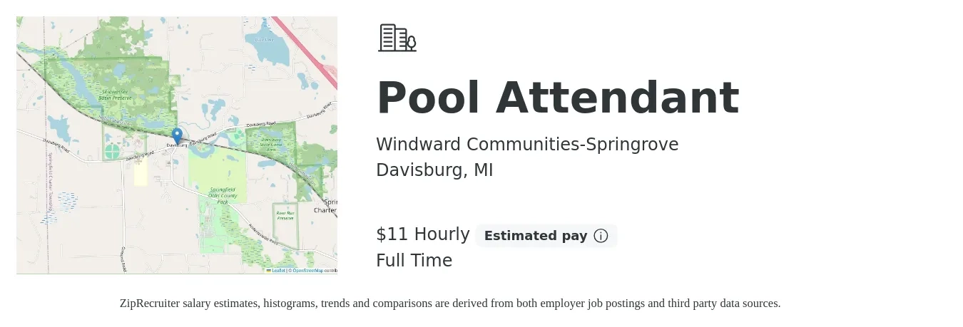 Windward Communities-Springrove job posting for a Pool Attendant in Davisburg, MI with a salary of $12 Hourly with a map of Davisburg location.
