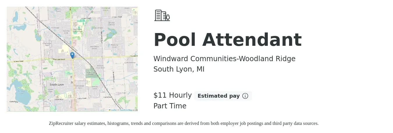Windward Communities-Woodland Ridge job posting for a Pool Attendant in South Lyon, MI with a salary of $12 Hourly with a map of South Lyon location.