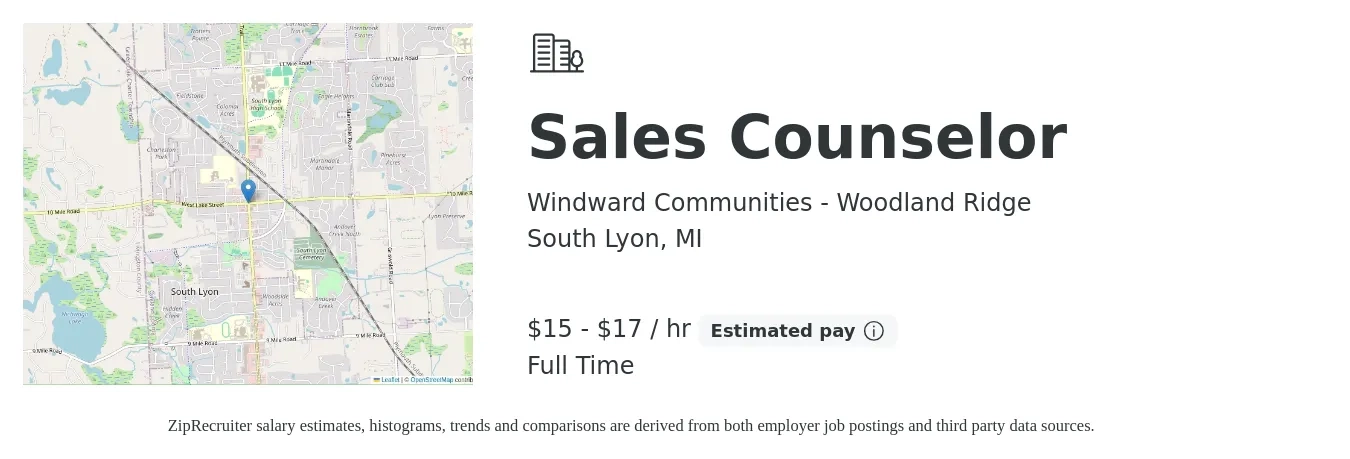 Windward Communities - Woodland Ridge job posting for a Sales Counselor in South Lyon, MI with a salary of $16 to $18 Yearly with a map of South Lyon location.