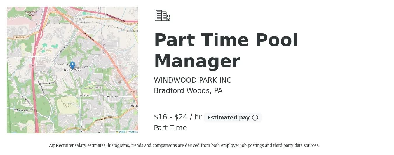 WINDWOOD PARK INC job posting for a Part Time Pool Manager in Bradford Woods, PA with a salary of $17 to $25 Hourly with a map of Bradford Woods location.