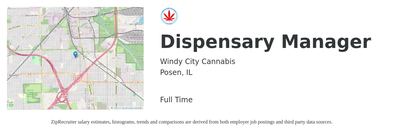 Windy City Cannabis job posting for a Dispensary Manager in Posen, IL with a map of Posen location.