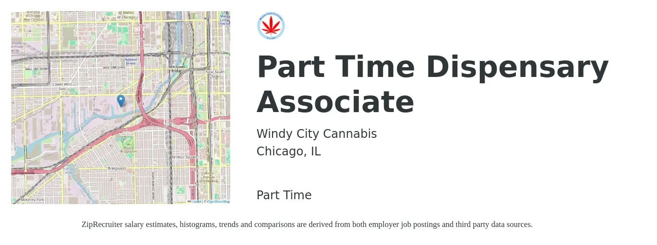 Windy City Cannabis job posting for a Part Time Dispensary Associate in Chicago, IL with a salary of $16 to $18 Hourly with a map of Chicago location.