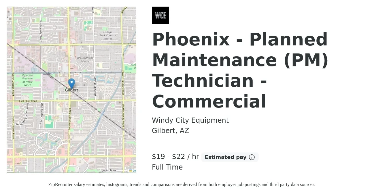 Windy City Equipment job posting for a Phoenix - Planned Maintenance (PM) Technician - Commercial in Gilbert, AZ with a salary of $20 to $23 Hourly with a map of Gilbert location.