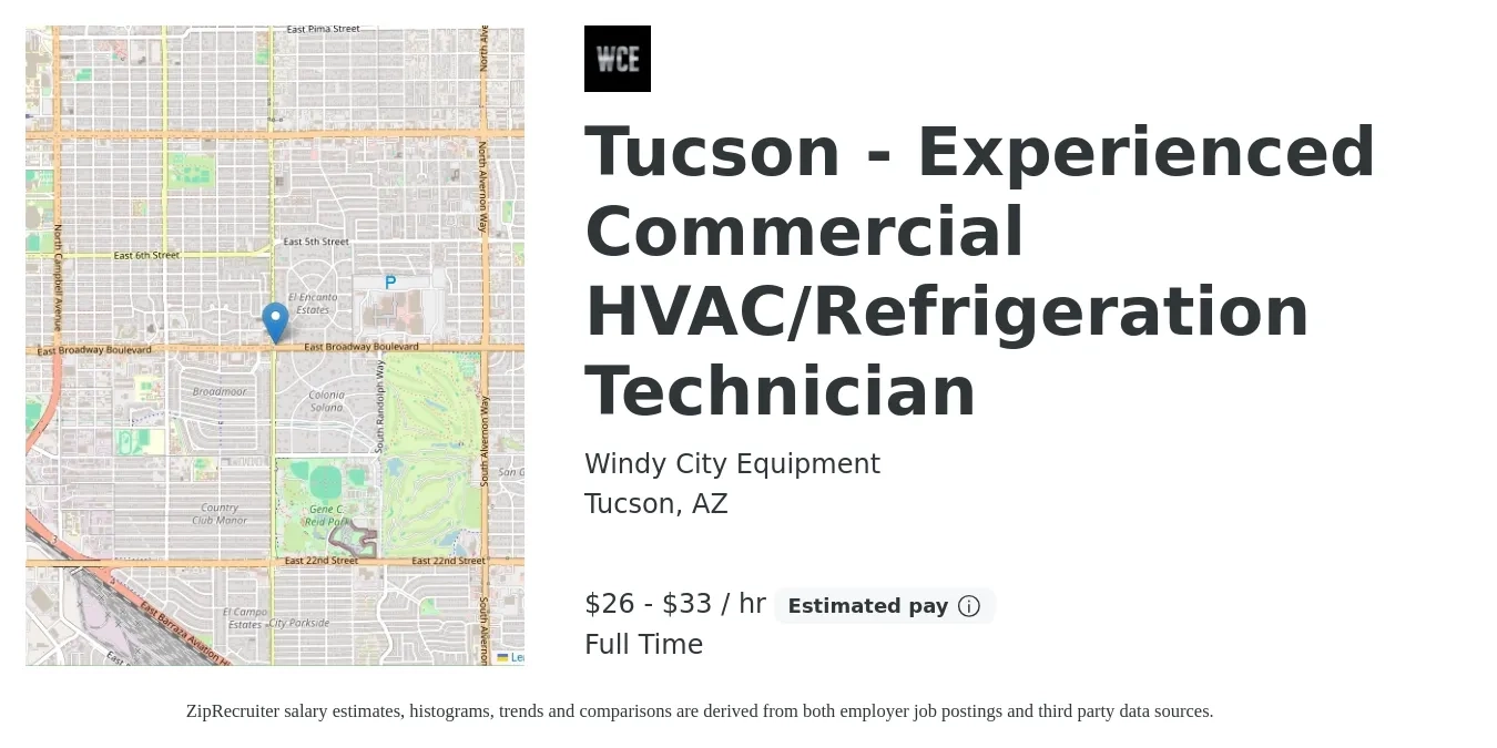 Windy City Equipment job posting for a Tucson - Experienced Commercial HVAC/Refrigeration Technician in Tucson, AZ with a salary of $30 to $38 Hourly with a map of Tucson location.