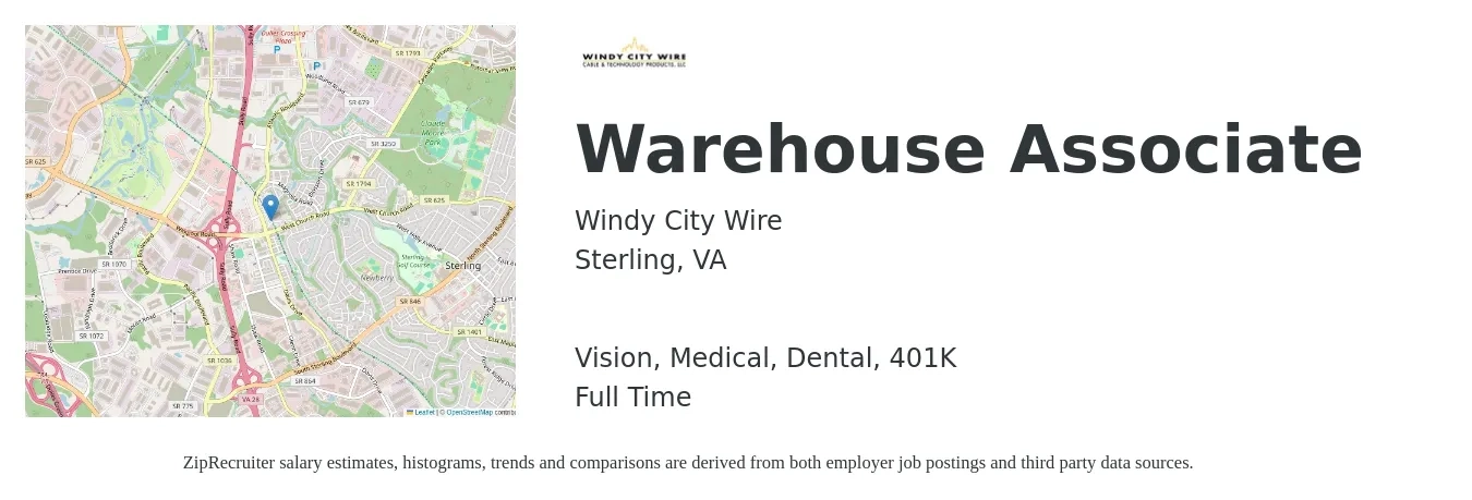 Windy City Wire job posting for a Warehouse Associate in Sterling, VA with a salary of $16 to $19 Hourly and benefits including medical, vision, 401k, dental, and life_insurance with a map of Sterling location.