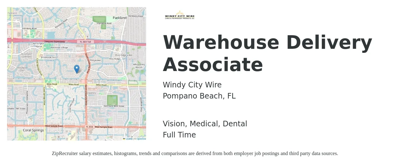 Windy City Wire job posting for a Warehouse Delivery Associate in Pompano Beach, FL with a salary of $15 to $18 Hourly and benefits including life_insurance, medical, pto, retirement, vision, and dental with a map of Pompano Beach location.