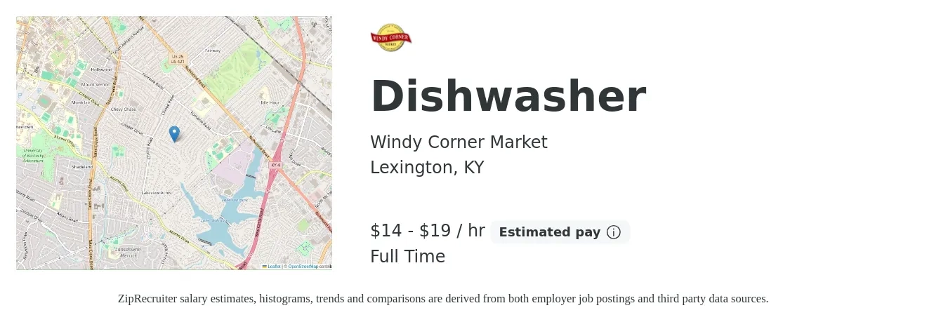 Windy Corner Market job posting for a Dishwasher in Lexington, KY with a salary of $15 to $20 Hourly with a map of Lexington location.