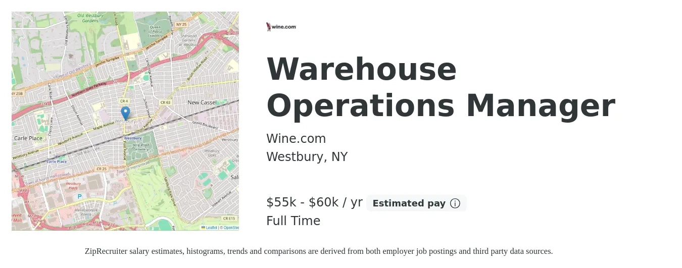 Wine.com job posting for a Warehouse Operations Manager in Westbury, NY with a salary of $55,000 to $60,000 Yearly with a map of Westbury location.