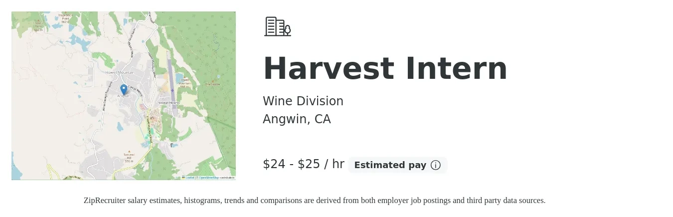 Wine Division job posting for a Harvest Intern in Angwin, CA with a salary of $25 to $26 Hourly with a map of Angwin location.