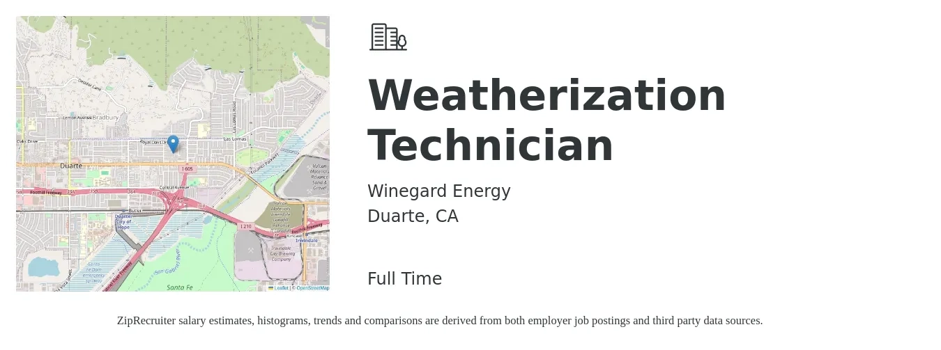 Winegard Energy job posting for a Weatherization Technician in Duarte, CA with a salary of $20 to $25 Hourly with a map of Duarte location.