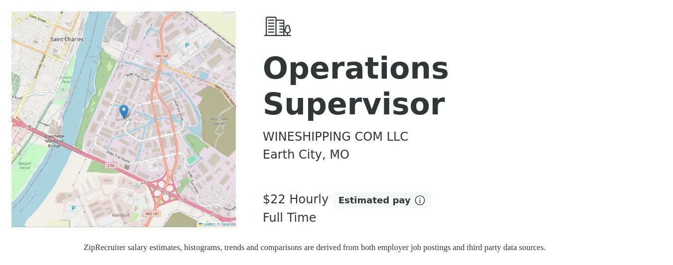 WINESHIPPING COM LLC job posting for a Operations Supervisor in Earth City, MO with a salary of $23 Hourly with a map of Earth City location.