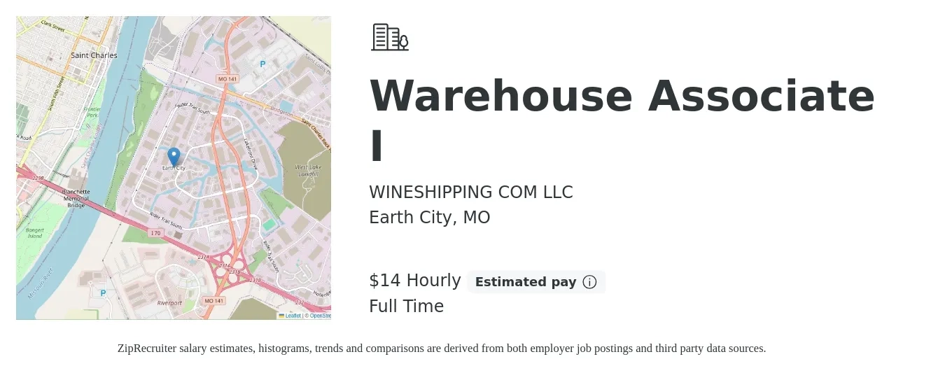 WINESHIPPING COM LLC job posting for a Warehouse Associate I in Earth City, MO with a salary of $15 to $18 Hourly with a map of Earth City location.