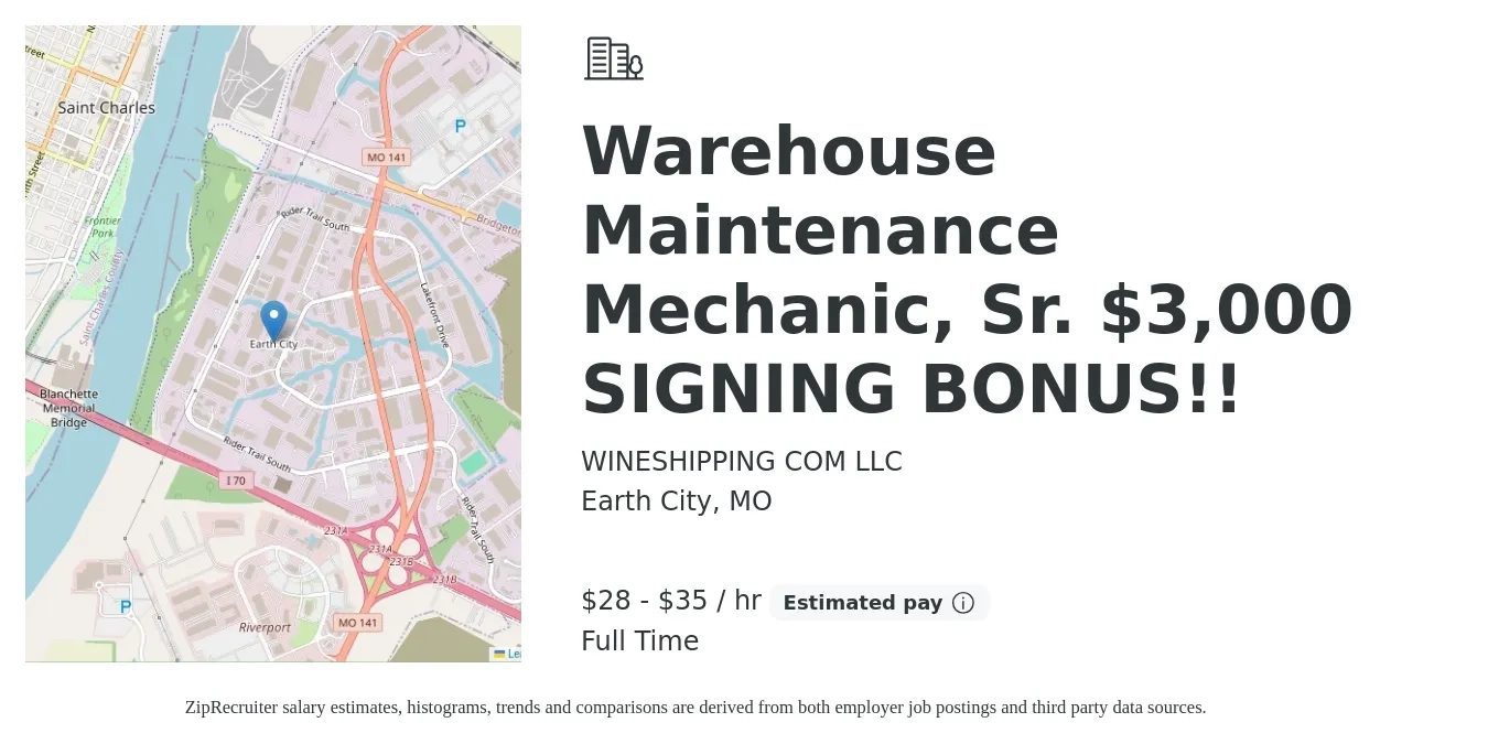 WINESHIPPING COM LLC job posting for a Warehouse Maintenance Mechanic, Sr. $3,000 SIGNING BONUS!! in Earth City, MO with a salary of $30 to $37 Hourly with a map of Earth City location.