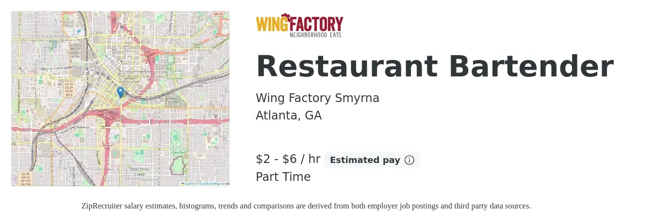 Wing Factory Smyrna job posting for a Restaurant Bartender in Atlanta, GA with a salary of $2 to $6 Hourly (plus commission) with a map of Atlanta location.