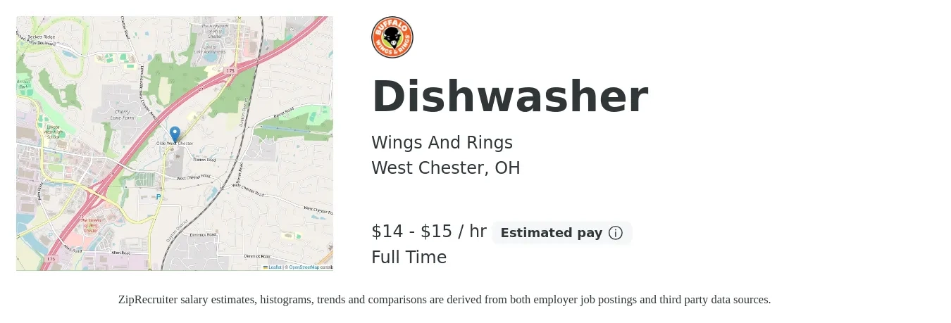Wings And Rings job posting for a Dishwasher in West Chester, OH with a salary of $15 to $16 Hourly with a map of West Chester location.