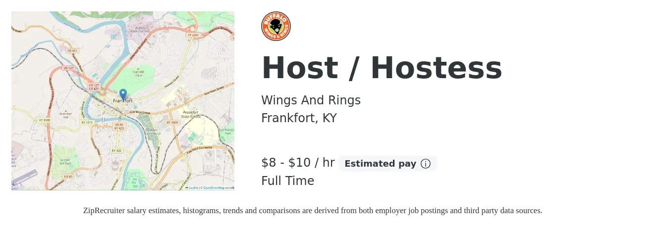 Wings And Rings job posting for a Host / Hostess in Frankfort, KY with a salary of $9 to $11 Hourly with a map of Frankfort location.