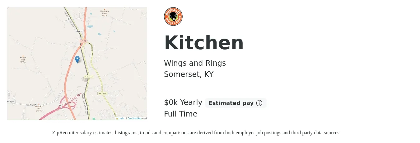 Wings and Rings job posting for a Kitchen in Somerset, KY with a salary of $12 to $14 Hourly with a map of Somerset location.