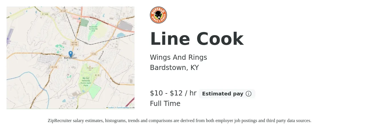 Wings And Rings job posting for a Line Cook in Bardstown, KY with a salary of $11 to $13 Hourly with a map of Bardstown location.