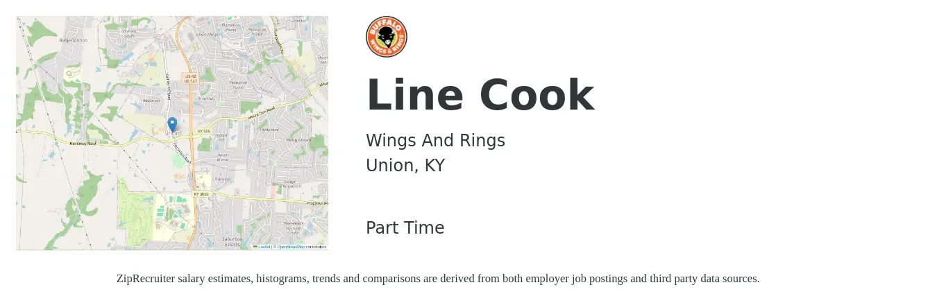 Wings And Rings job posting for a Line Cook in Union, KY with a salary of $14 to $18 Hourly with a map of Union location.