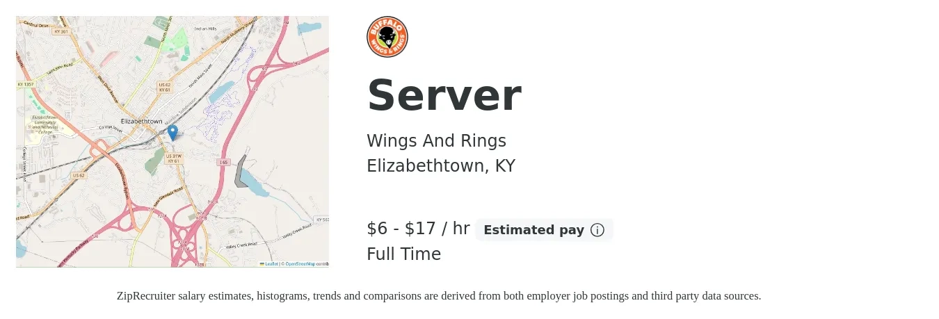 Wings And Rings job posting for a Server in Elizabethtown, KY with a salary of $12 to $18 Hourly with a map of Elizabethtown location.