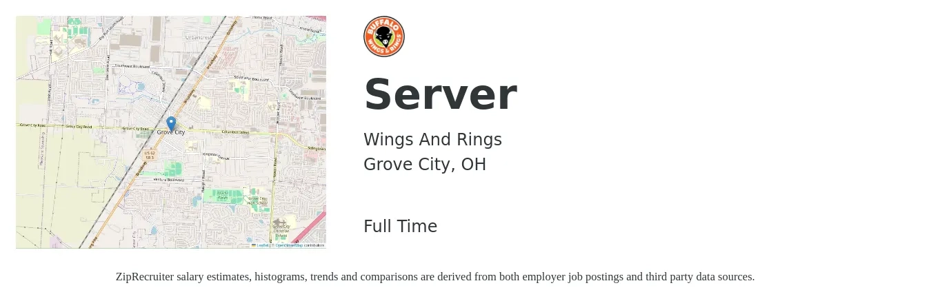 Wings And Rings job posting for a Server in Grove City, OH with a salary of $10 to $17 Hourly with a map of Grove City location.