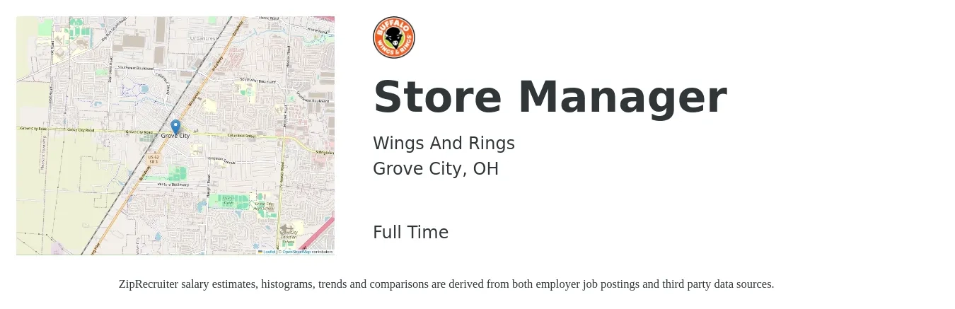 Wings And Rings job posting for a Store Manager in Grove City, OH with a salary of $38,900 to $60,500 Yearly with a map of Grove City location.