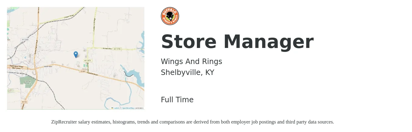 Wings And Rings job posting for a Store Manager in Shelbyville, KY with a salary of $38,500 to $59,900 Yearly with a map of Shelbyville location.