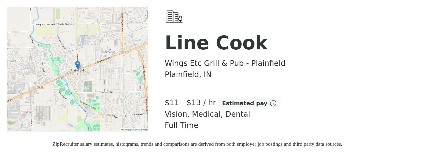 Wings Etc Grill & Pub - Plainfield job posting for a Line Cook in Plainfield, IN with a salary of $12 to $14 Hourly and benefits including medical, vision, and dental with a map of Plainfield location.