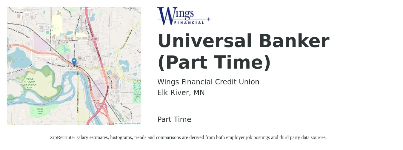 Wings Financial Credit Union job posting for a Universal Banker (Part Time) in Elk River, MN with a salary of $19 to $24 Hourly with a map of Elk River location.