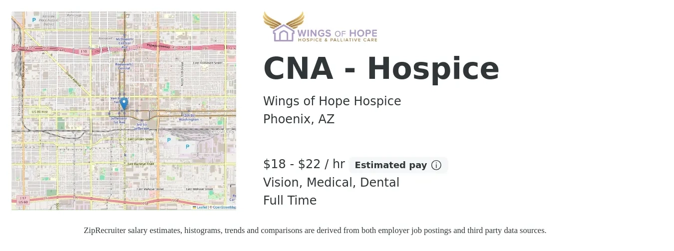Wings of Hope Hospice job posting for a CNA - Hospice in Phoenix, AZ with a salary of $19 to $23 Hourly and benefits including dental, life_insurance, medical, pto, retirement, and vision with a map of Phoenix location.