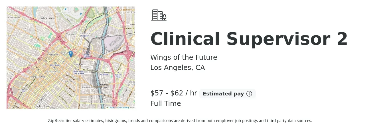 Wings of the Future job posting for a Clinical Supervisor 2 in Los Angeles, CA with a salary of $69,000 to $95,400 Yearly with a map of Los Angeles location.