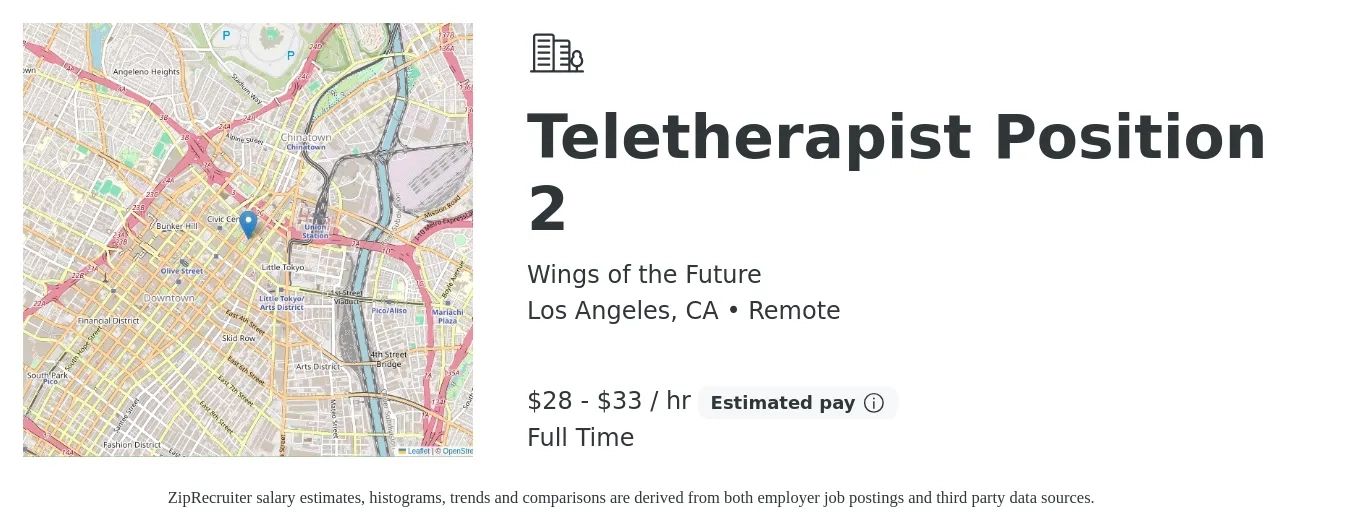 Wings of the Future job posting for a Teletherapist Position 2 in Los Angeles, CA with a salary of $66,800 to $107,800 Yearly with a map of Los Angeles location.