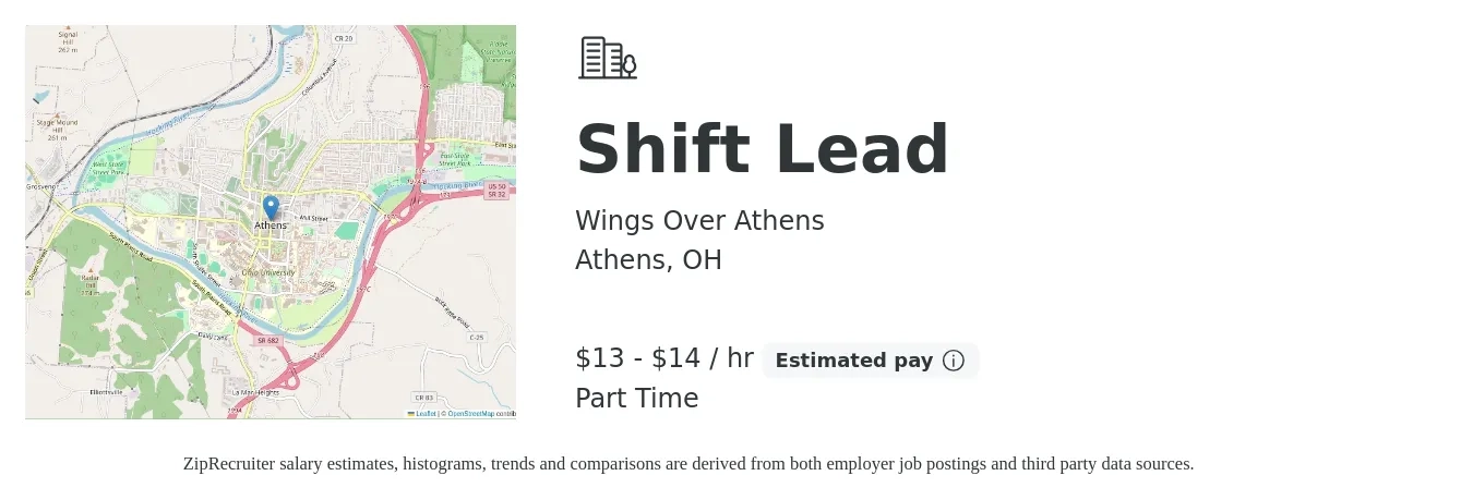 Wings Over Athens job posting for a Shift Lead in Athens, OH with a salary of $14 to $15 Hourly with a map of Athens location.
