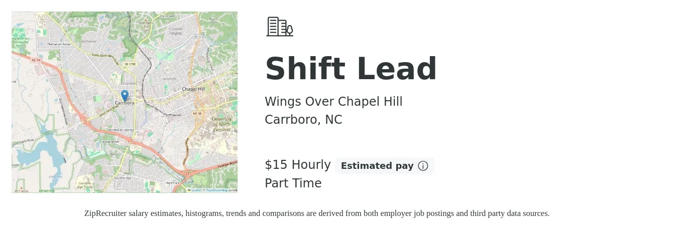 Wings Over Chapel Hill job posting for a Shift Lead in Carrboro, NC with a salary of $16 Hourly with a map of Carrboro location.