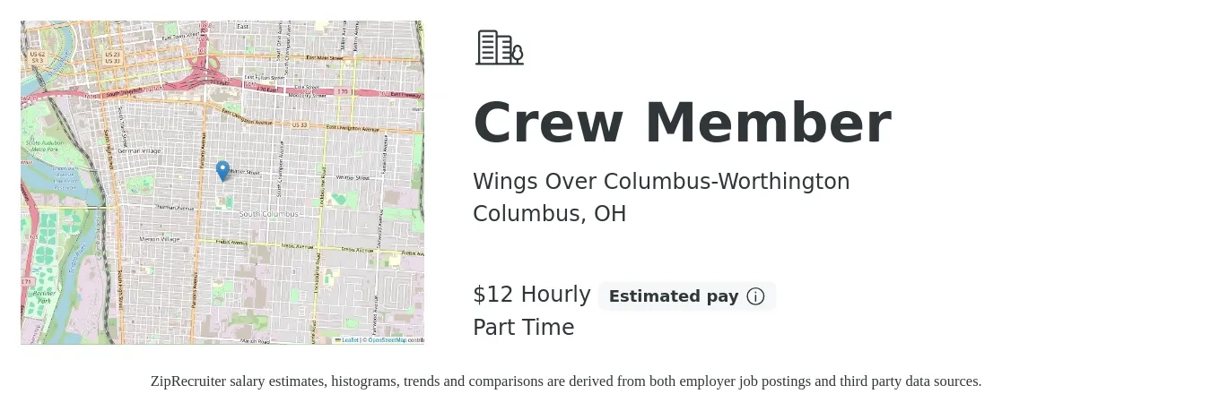 Wings Over Columbus-Worthington job posting for a Crew Member in Columbus, OH with a salary of $13 Hourly with a map of Columbus location.