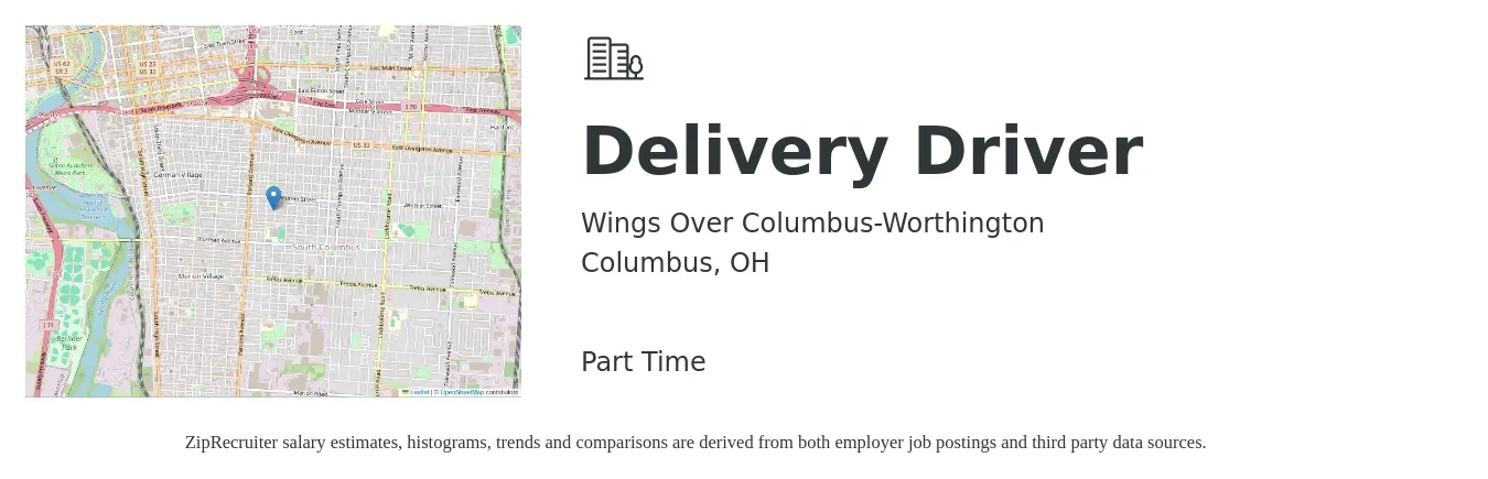Wings Over Columbus-Worthington job posting for a Delivery Driver in Columbus, OH with a salary of $16 to $20 Hourly with a map of Columbus location.