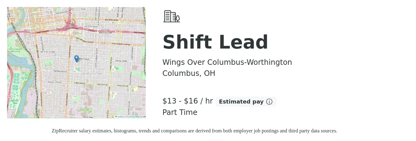 Wings Over Columbus-Worthington job posting for a Shift Lead in Columbus, OH with a salary of $14 to $17 Hourly with a map of Columbus location.