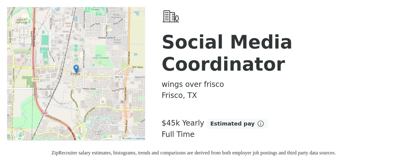 wings over frisco job posting for a Social Media Coordinator in Frisco, TX with a salary of $45,000 Yearly with a map of Frisco location.