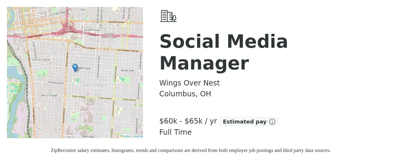 Wings Over Nest job posting for a Social Media Manager in Columbus, OH with a salary of $60,000 to $65,000 Yearly with a map of Columbus location.