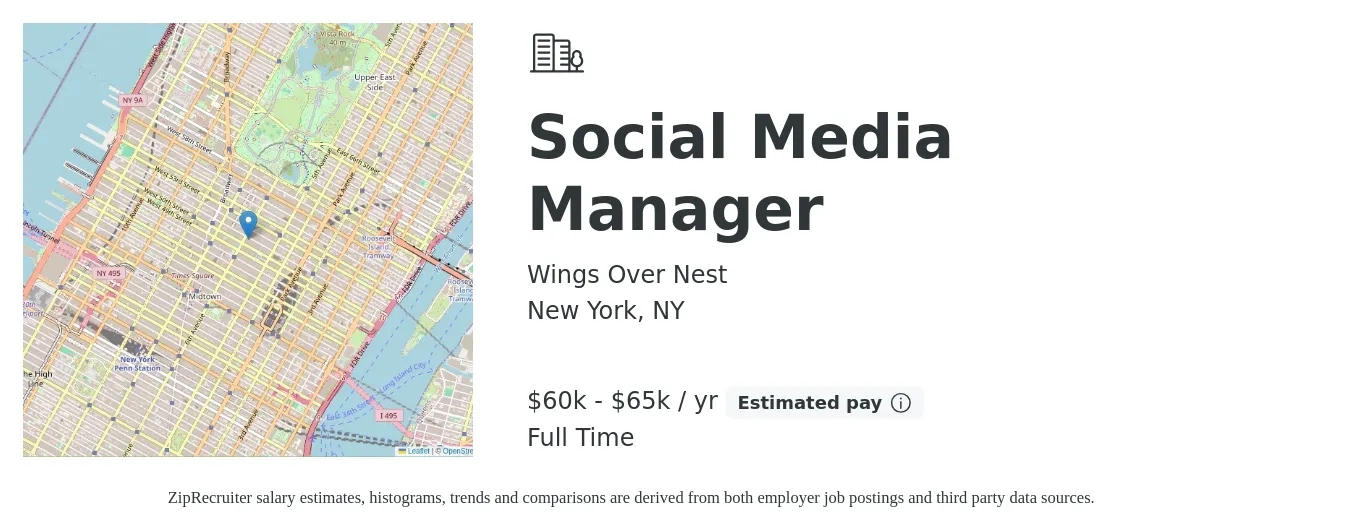 Wings Over Nest job posting for a Social Media Manager in New York, NY with a salary of $60,000 to $65,000 Yearly with a map of New York location.