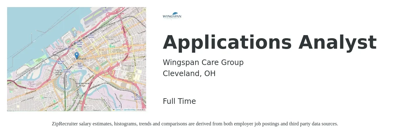 Wingspan Care Group job posting for a Applications Analyst in Cleveland, OH with a salary of $62,600 to $91,200 Yearly with a map of Cleveland location.