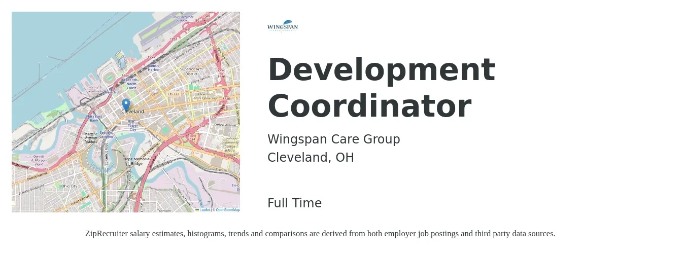 Wingspan Care Group job posting for a Development Coordinator in Cleveland, OH with a salary of $42,200 to $56,800 Yearly with a map of Cleveland location.