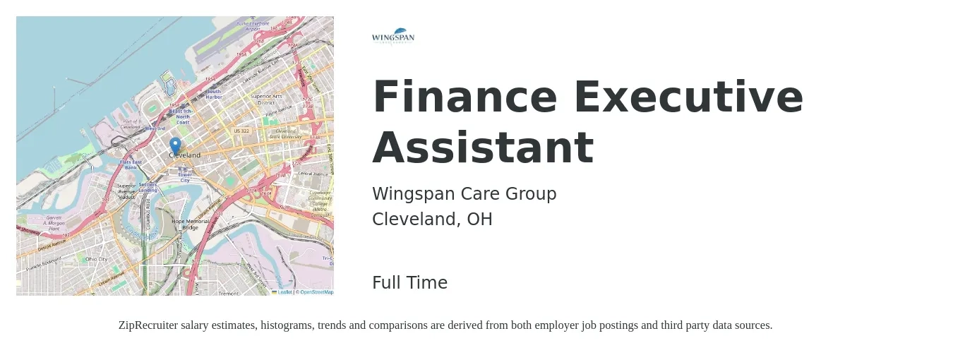Wingspan Care Group job posting for a Finance Executive Assistant in Cleveland, OH with a salary of $48,500 to $72,800 Yearly with a map of Cleveland location.